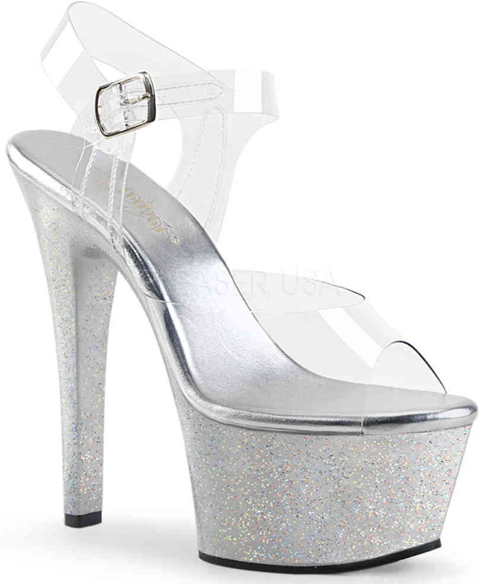 EU 37 = US 7 | ASPIRE-608MG | 6 Heel, 2 1/4 PF Ankle Strap Sandal W/ Mini Glitters